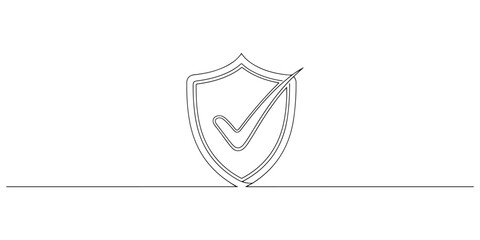 Continuous one line of a security shield with check mark, representing reliable security service, hand drawn vector illustration.