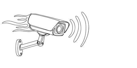 Continuous one line of a CCTV camera with motion lines, representing active security surveillance service, hand drawn vector illustration.