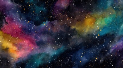 A vibrant watercolor painting depicting a cosmic scene with swirling colors, stars, and a sense of depth, evoking the beauty of outer space.