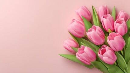 Fototapeta premium A vibrant bouquet of pink tulips arranged against a soft pink background, showcasing their delicate petals and lush green leaves.