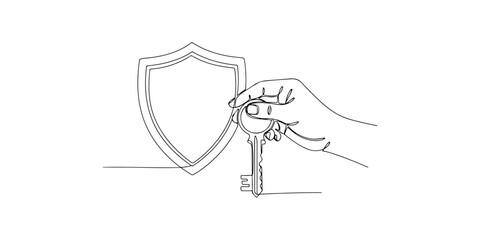Continuous one line of a hand holding a shield and key, representing secure access control service, hand drawn vector illustration.