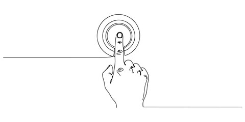 Continuous one line of a hand pressing an emergency button, representing rapid security response service, hand drawn vector illustration.