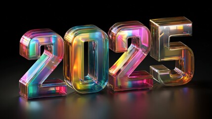 A vibrant, colorful rendering of the numbers "2025," designed with a glass-like texture, reflecting light in various hues against a dark background.
