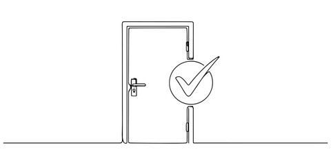 Continuous one line of a secure door with check mark, representing access verification security service, hand drawn vector illustration.