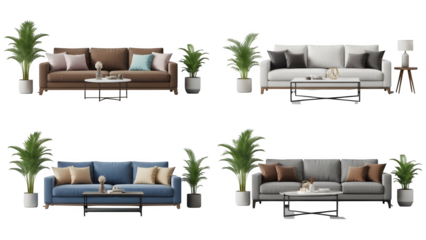Four modern sofas isolated on transparent background in different colors and styles
