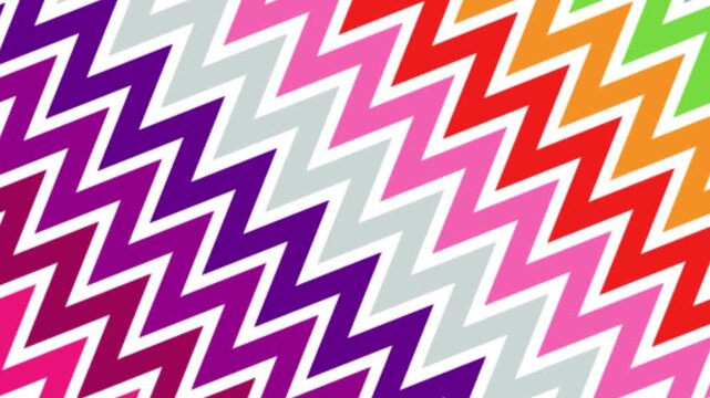 Colorful zigzag pattern of orange, yellow, red, blue, and teal. Stripes are separated by white borders
