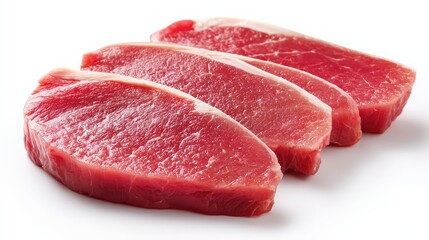 Fresh, uncooked beef steaks arranged neatly on a white background, showcasing their rich red color and marbled texture.