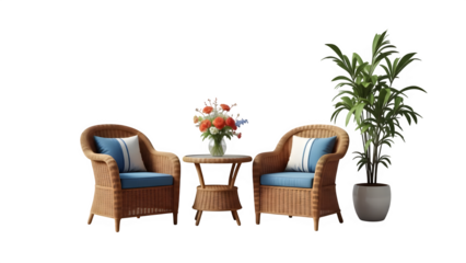 Two wicker chairs with blue cushions isolated on transparent background