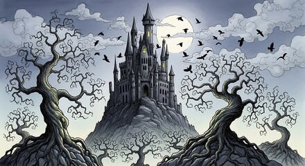Fantasy castle on a hill with spooky trees and flying birds against cloudy sky