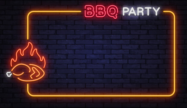 Vibrant neon vector frame with BBQ party lettering and roasted meat symbol. Designed for festive invites, food posters, and backyard grill celebrations.