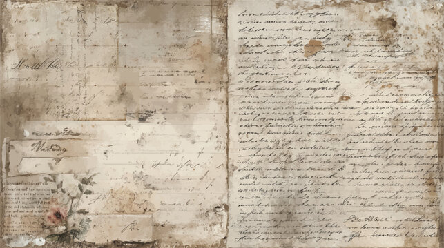 Aged parchment paper with faded handwritten cursive script and delicate floral in sepia tones