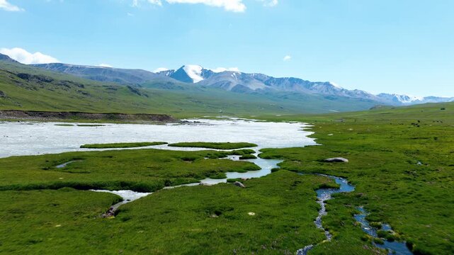 Flyover Glacier Melt From The Tian Shan Mountains In Kyrgyzstan, Central Asia. Aerial Drone Shot