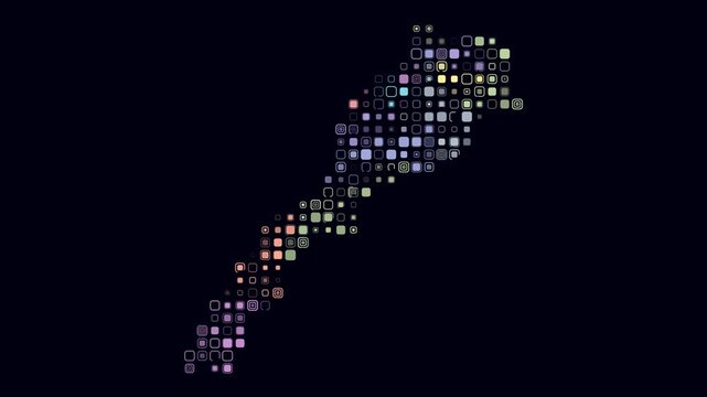 Morocco animated country shape. Pulsating colored dots on the map of the country. Large size rounded square blocks. Digital style Morocco map on dark background. Trending animation video.