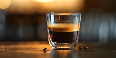 A double-walled glass holds a freshly brewed espresso, showcasing a layered presentation of crema and rich, dark coffee.