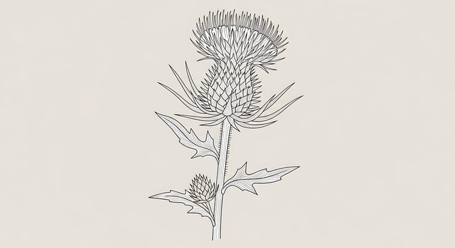 Detailed line drawing of a thistle plant with blossoms and leaves