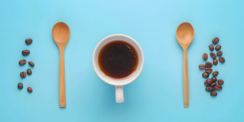 Overhead composition displays a cup of freshly brewed dark coffee, placed centrally on a vibrant blue background, flanked by two wooden spoons and scattered coffee beans on each side creating...
