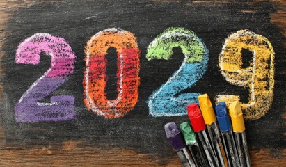 Colorful Chalkboard: 2029 written with vibrant chalk art, evoking a sense of creativity and a bright vision of the future. ..Created with Generative AI, not depicting real subjects.