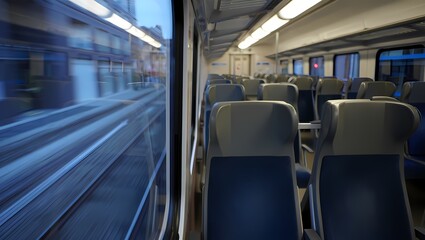 Fototapeta premium Empty Modern Commuter Train Interior at Dawn with Cityscape View