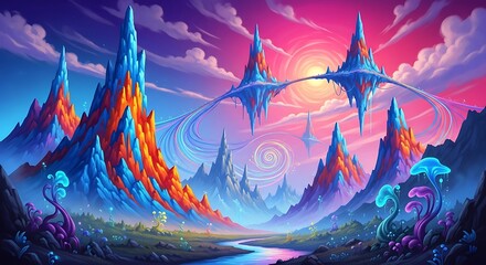 Fantasy landscape illustration with vibrant colors and surreal mountain formations