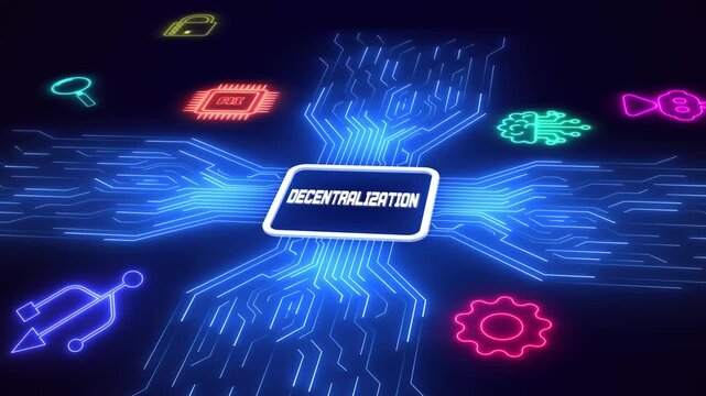 Decentralization and blockchain technology concept, digital circuit board with neon icons of distributed network.