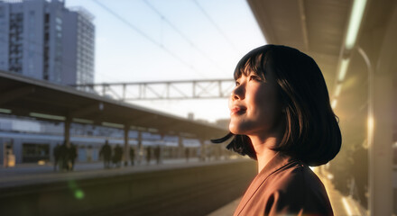 美しい夕焼け・朝焼け　夕日・朝日に照らされた空とオフィス街が日の出の光を浴びた背景　空を見上げ上を向きリラックスした表情の女性の横顔　日本・ビジネス・転職,就職,仕事,出勤・アウトドア・リラクゼーションの背景　希望・安堵のイメージ