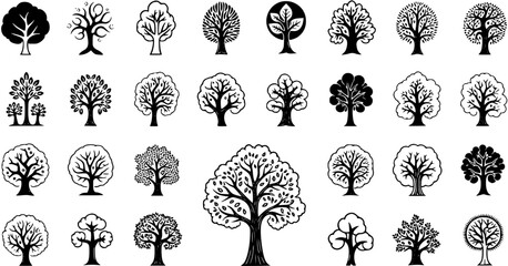 Nature  Environment Black  White Tree Glyph Icons Set. Diverse Forest  Wood Silhouettes, Outline and Solid Plant Symbols Collection for Ecology, Growth, Outdoor Design, and Organic Concepts.
