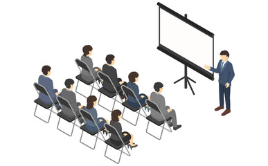 アイソメトリックイラスト：プロジェクターを使って説明するスーツ男性とそれを聞く人