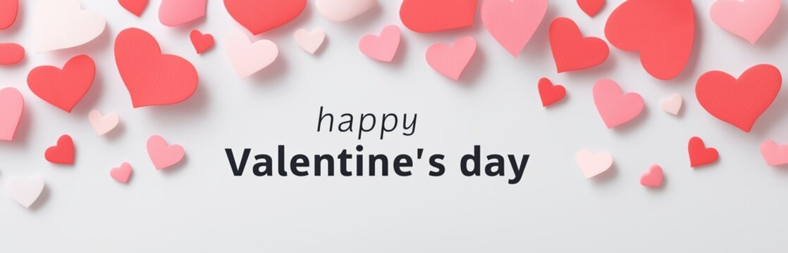 Gray banner with happy Valentine's day text and red, pink, white paper hearts floating across the top border, adding copy space
