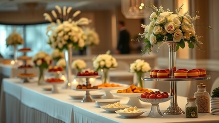 ontology. Elegant wedding buffet table with tiered food displays and floral arrangements from above. menu design, packaging mockups, designed for culinary blogs and recipe cards for restaurants.