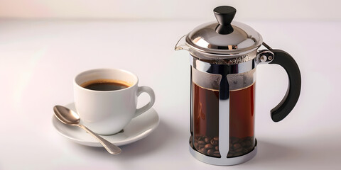 A white ceramic cup filled with dark coffee sits alongside a saucer and a spoon, accompanied by a glass french press containing brewed coffee and roasted coffee beans on a light background,...