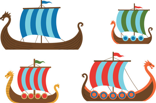 Cartoon Viking ship illustrations, dragon figurehead sailboats, Norse maritime vector set, colorful historical boat icons,