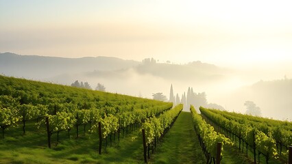Naklejka premium passphrase. Nebbiolo grape vineyard on Piedmont hillside with morning fog and rolling hills. travel magazines, destination branding, designed for outdoor magazines and nature guides.