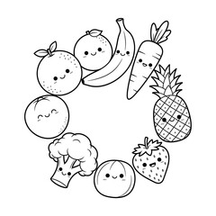 Fototapeta premium Cute cartoon fruits and vegetables line art in a circle healthy food for kids coloring page
