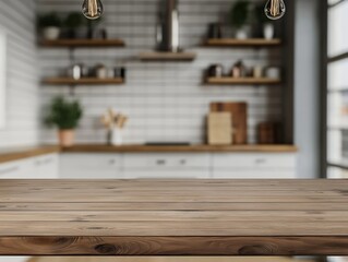 Empty wooden table top showing texture with a blurred modern kitchen background, providing ample copy space for product display