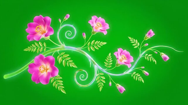 Stylized Pink Flowers Blooming on Glowing Vine Graphic Element Green Screen