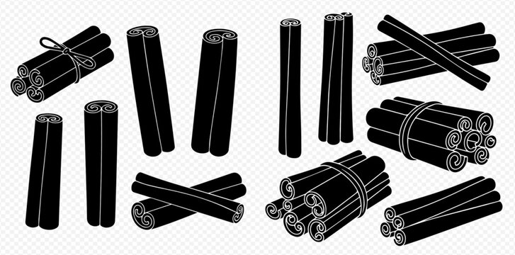 Set of black and white cinnamon sticks, aromatic spice for cooking and baking, vector illustration.