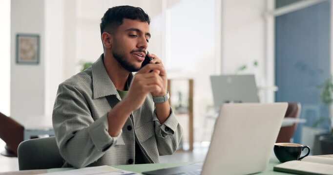 Laptop, phone call and typing with business man in office for financial consulting or review. Computer, conversation and feedback with employee at work for finance, investment or wealth management