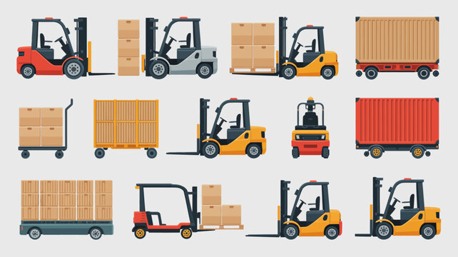 Variety of Forklifts and Cargo Carts in Vector Illustration