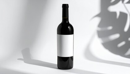 Dark wine bottle with blank label, lit with leaf shadows on a white surface