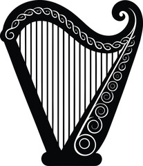 Irish Harp silhouette black vector traditional celtic harp with swirling ornaments