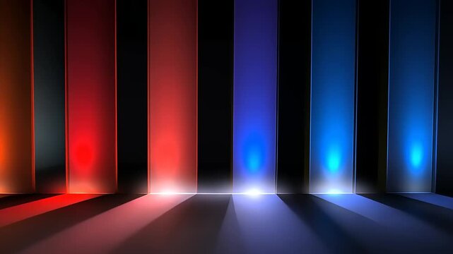 Dynamic display of vibrant light columns shifting through shades of blue red and orange