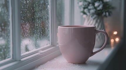 Ceramic mug filled with warm beverage rests on a windowsill during a cold, wet outdoor scene