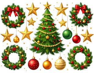 PNG Festive holiday decorations and symbols, element set on transparent background 