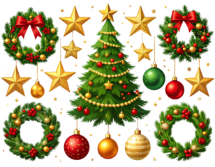 PNG Festive holiday decorations and symbols, element set on transparent background 