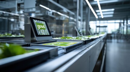 An automated farm system displays a vibrant Good label on its digital interface, showcasing rows of fresh, verdant crops. ..Created with Generative AI, not depicting real subjects.