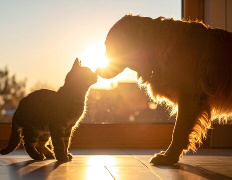 Cat and dog touching noses with sunlight backdrop
