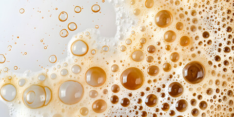 composition features a swirling, bubbly liquid with varying sizes of translucent spheres against a light backdrop, creating a visually captivating, abstract surface in warm hues that evoke feelings...