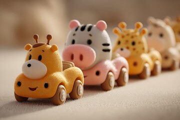 Adorable toy animal cars in a colorful fun row for kids playtime