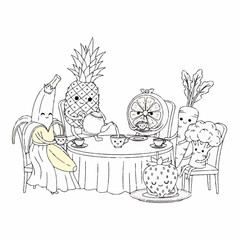 Fototapeta premium Happy fruits and vegetables enjoying a formal tea party together
