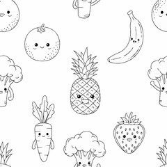 Seamless pattern of cute cartoon fruits and vegetables line art healthy food background